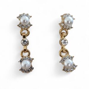 Gold Plated Faux Pearl & Crystal Drop Earrings 1.25" Elegant Dangle
